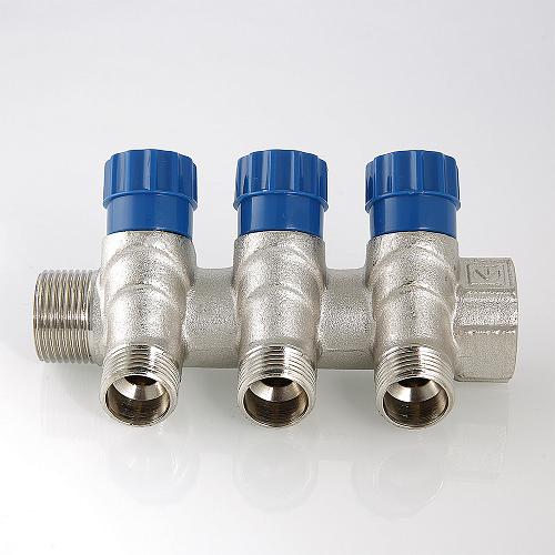 Valtec 3/4", 3 х 1/2" Коллектор 3 вых. с регулирующими вентилями и наружной резьбой (плоское уплотнение)