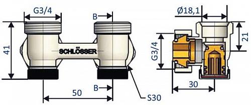 Schlosser узел нижнего подключения угловой, хром, G 3/4 x 3/4 D=50 мм с термоголовкой MINI