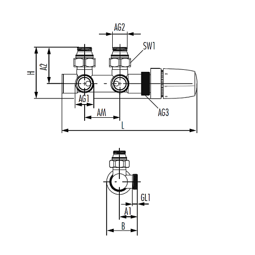Hummel Designtechnik  3/4НРx1/2НР Узел термостатический угловой антрацит